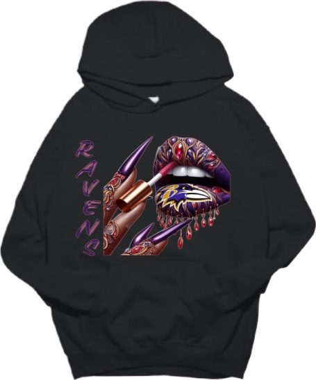 Black hoodie featuring colorful graphic of a lips and eye design with the word "RAVEHA."