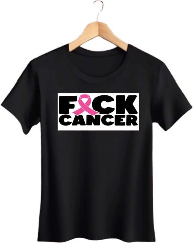 Black t-shirt with "F*** CANCER" text and a pink ribbon design.