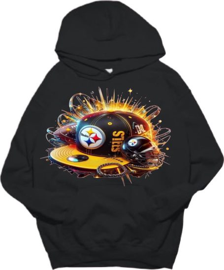 Black hoodie featuring a graphic of a Steelers helmet with an explosive design.