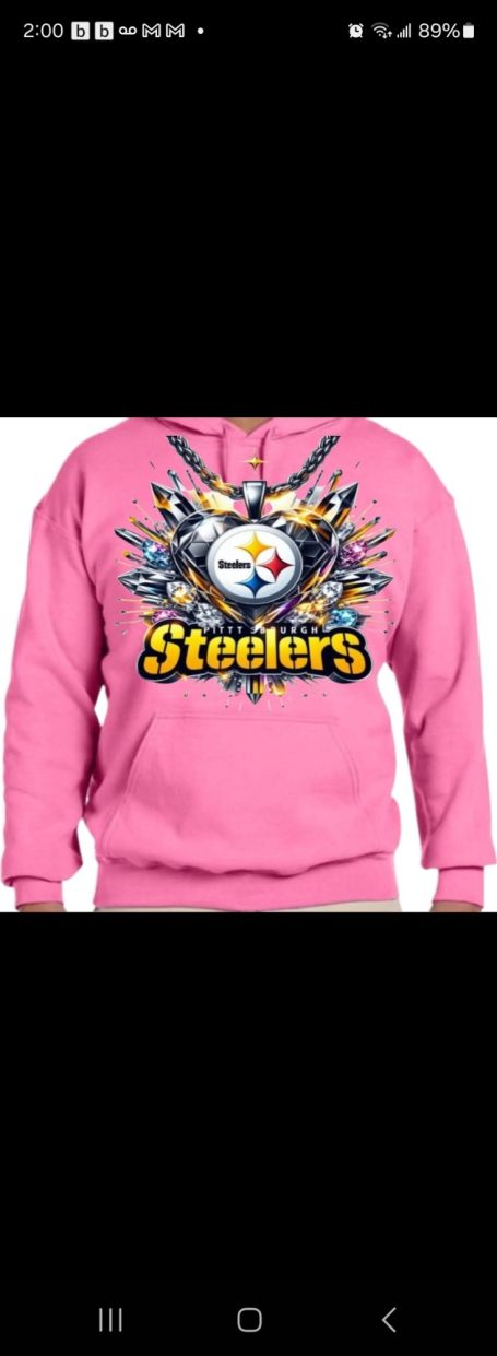 Pink hoodie featuring the Pittsburgh Steelers logo and graphic design elements.