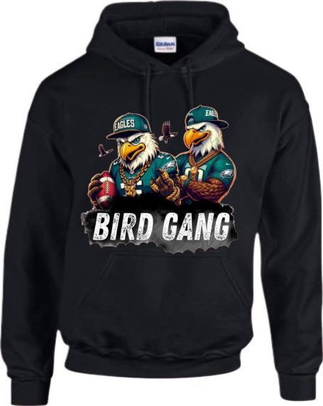 Black hoodie featuring two cartoon eagles wearing football gear and the text "BIRD GANG."