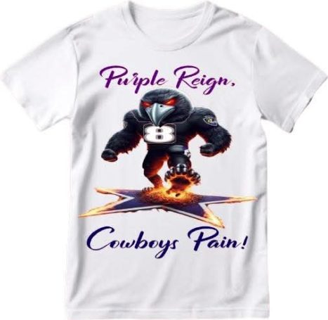 T-shirt featuring a muscular bear character with text, promoting "Purple Rain, Cowboys Pain!"