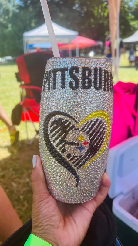 Pittsburgh-themed cup decorated with a heart and Steelers logo.