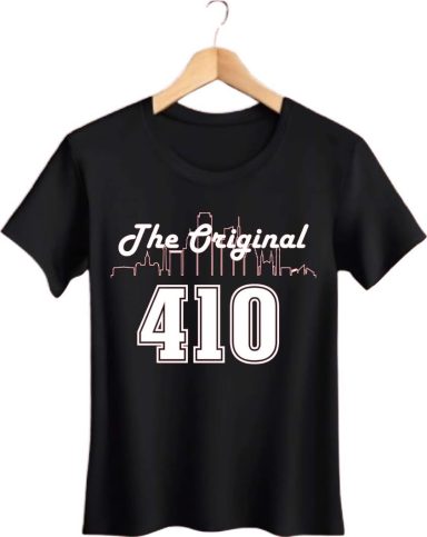 Black t-shirt featuring "The Original" text and the number "410" in a stylish design.