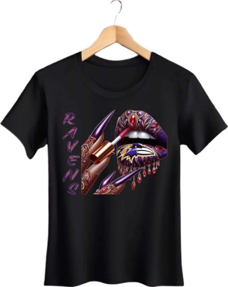 Black t-shirt featuring colorful graphic of lips and claws with the text "Raven."