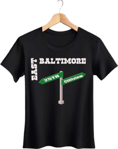 Black t-shirt featuring a design with street signs for "East Baltimore."