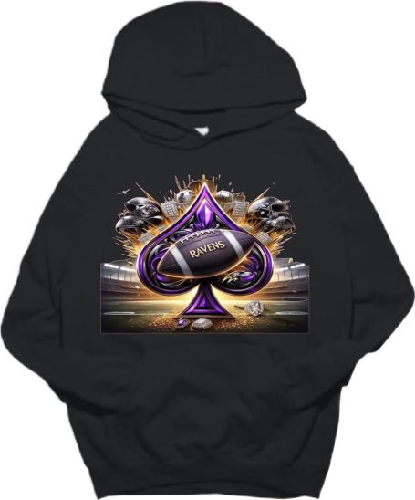 Black hoodie featuring a purple spade, football graphic, and stylized design elements.
