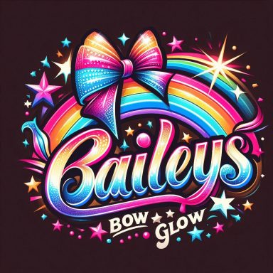 Colorful design featuring the text "Bailey's Bow Glow" with a bow and rainbow elements.